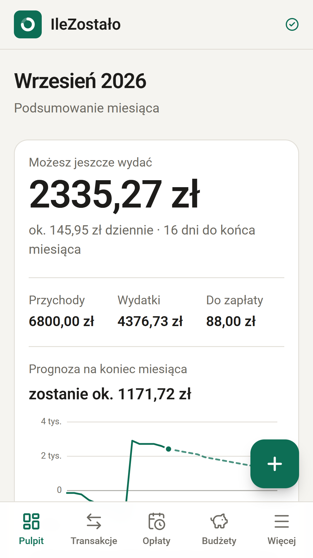 Pulpit aplikacji: kwota, którą można jeszcze wydać w tym miesiącu, i opłaty do zapłaty