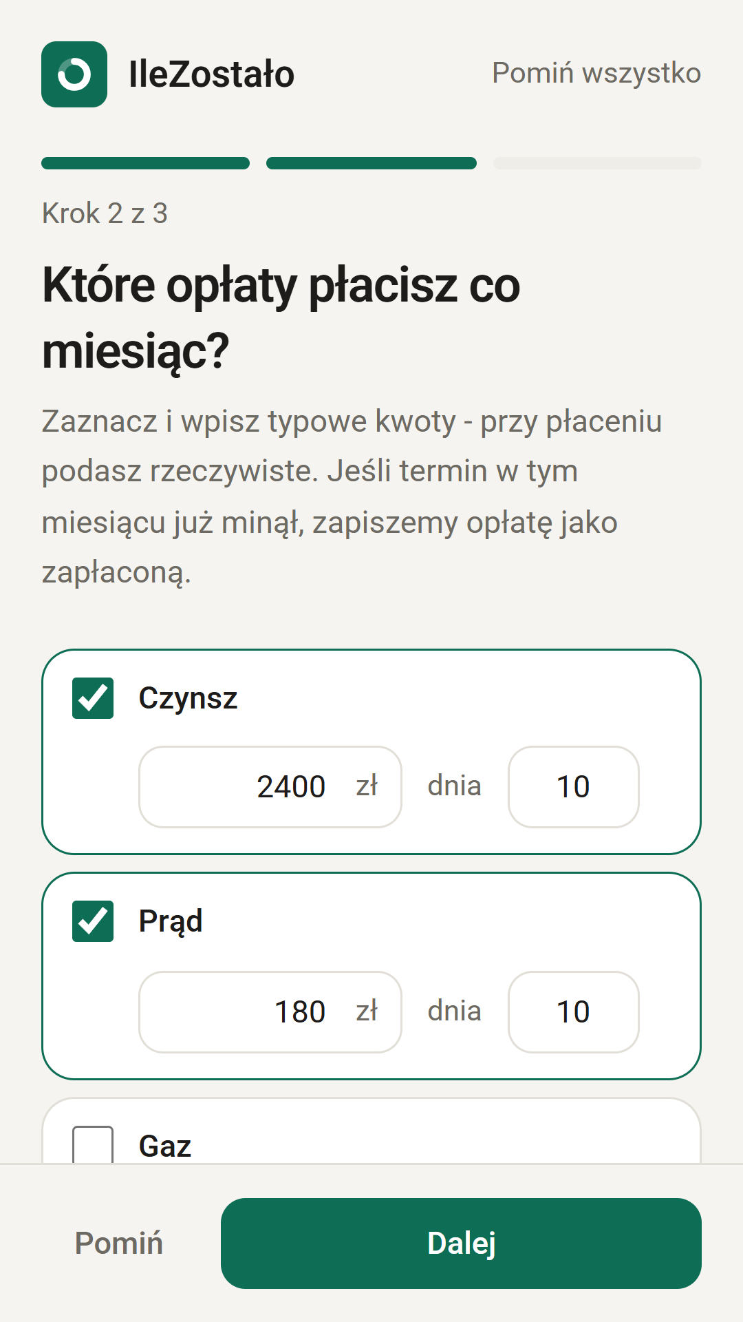 Kreator pierwszego uruchomienia z listą stałych opłat
